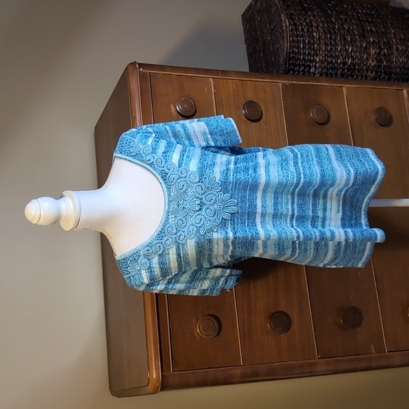 erika BLUE Tie Dye Stripe COASTAL Burnout Lace Bling Tshirt - Picture 1 of 10